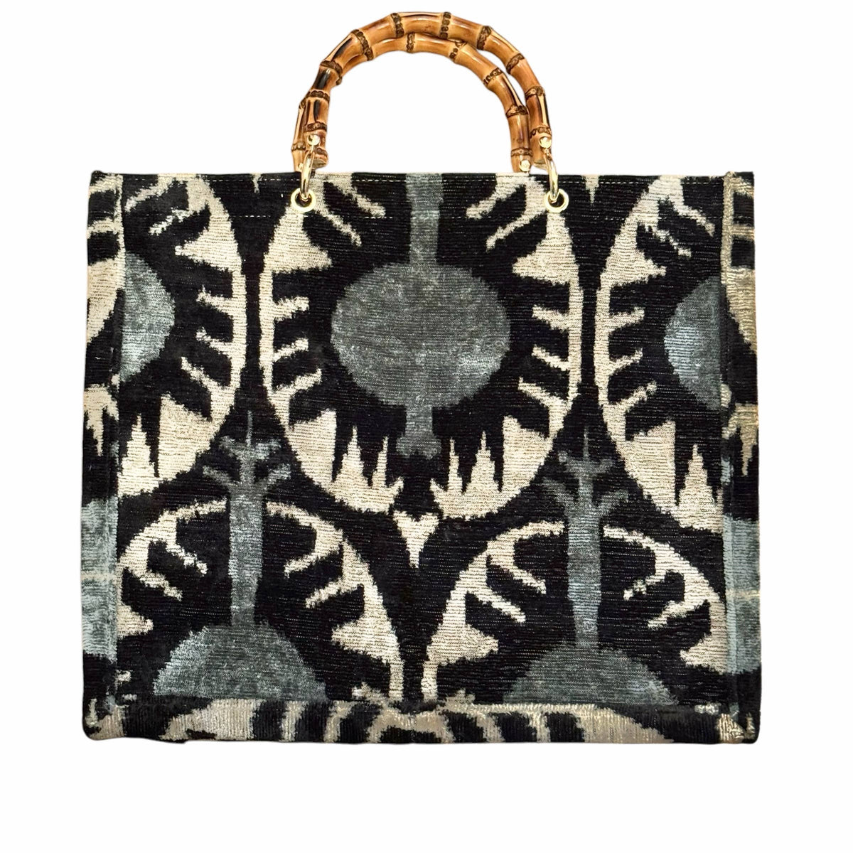 Silk Velvet Ikat Large Tote Bag with Bamboo Handle