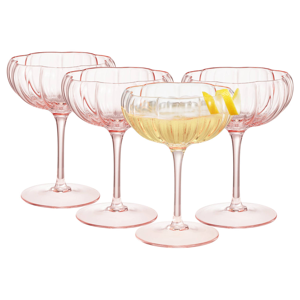 Pink Flower Coupe Cocktail Colored Glasses | 4 Set, 7.7 OZ
