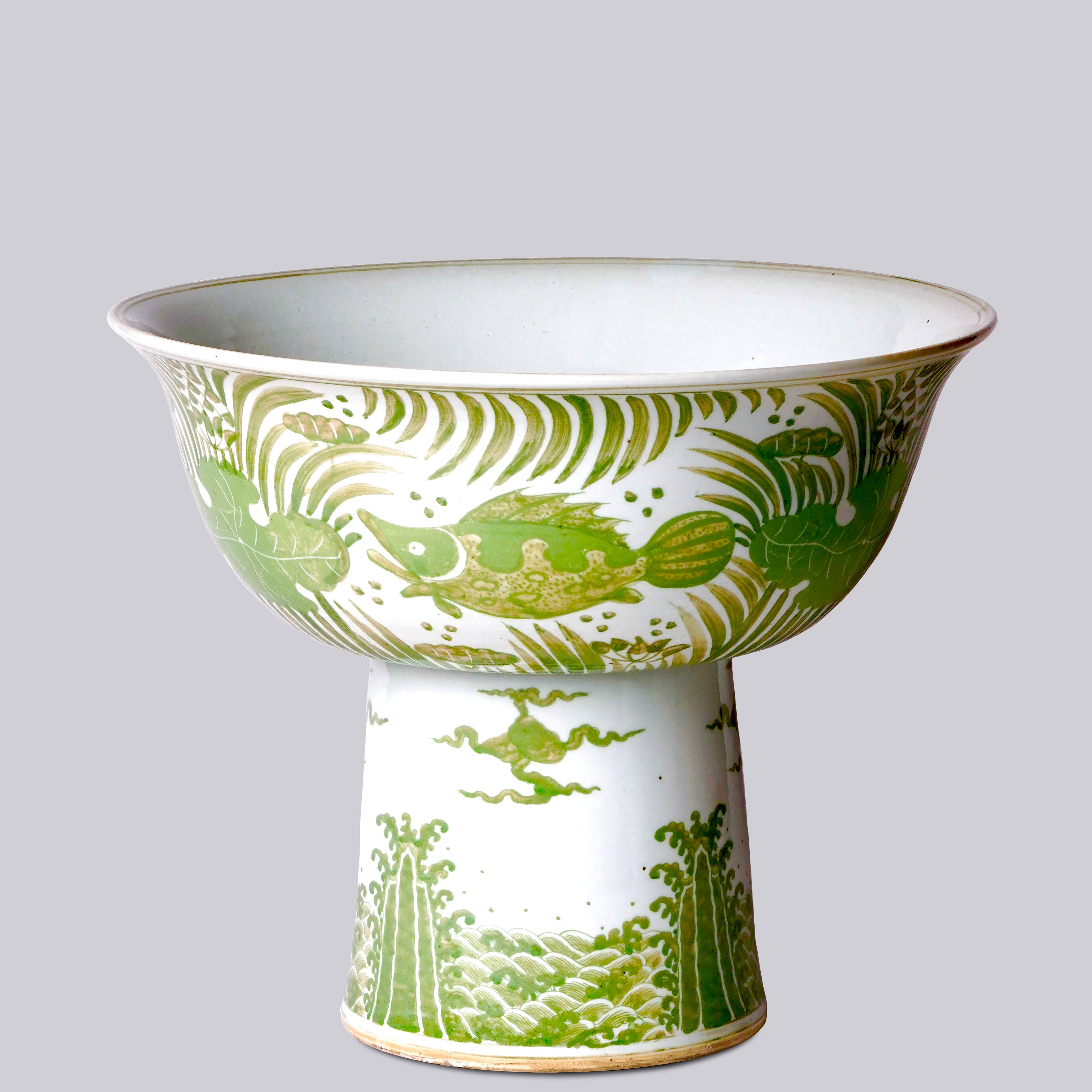 Green and White Porcelain Fish and Lotus Large Footed Bowl
