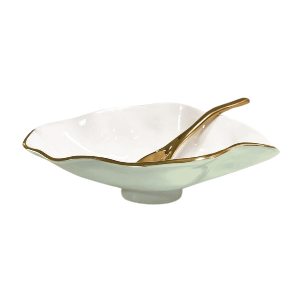 Claire Small Oval Bowl with Spoon (Pistachio, White and Gold)