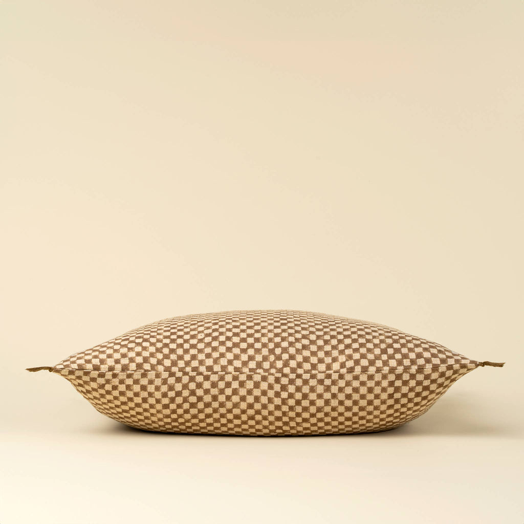16x24 Block Print Check Linen Pillow, Brown