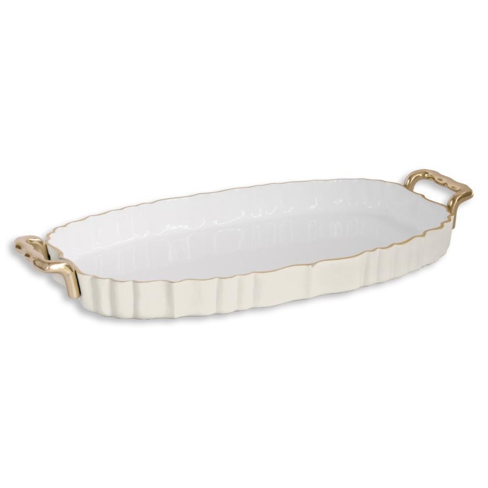 ENCANTO Vintage Fluted Oval Tray with Handles (Cream and White)