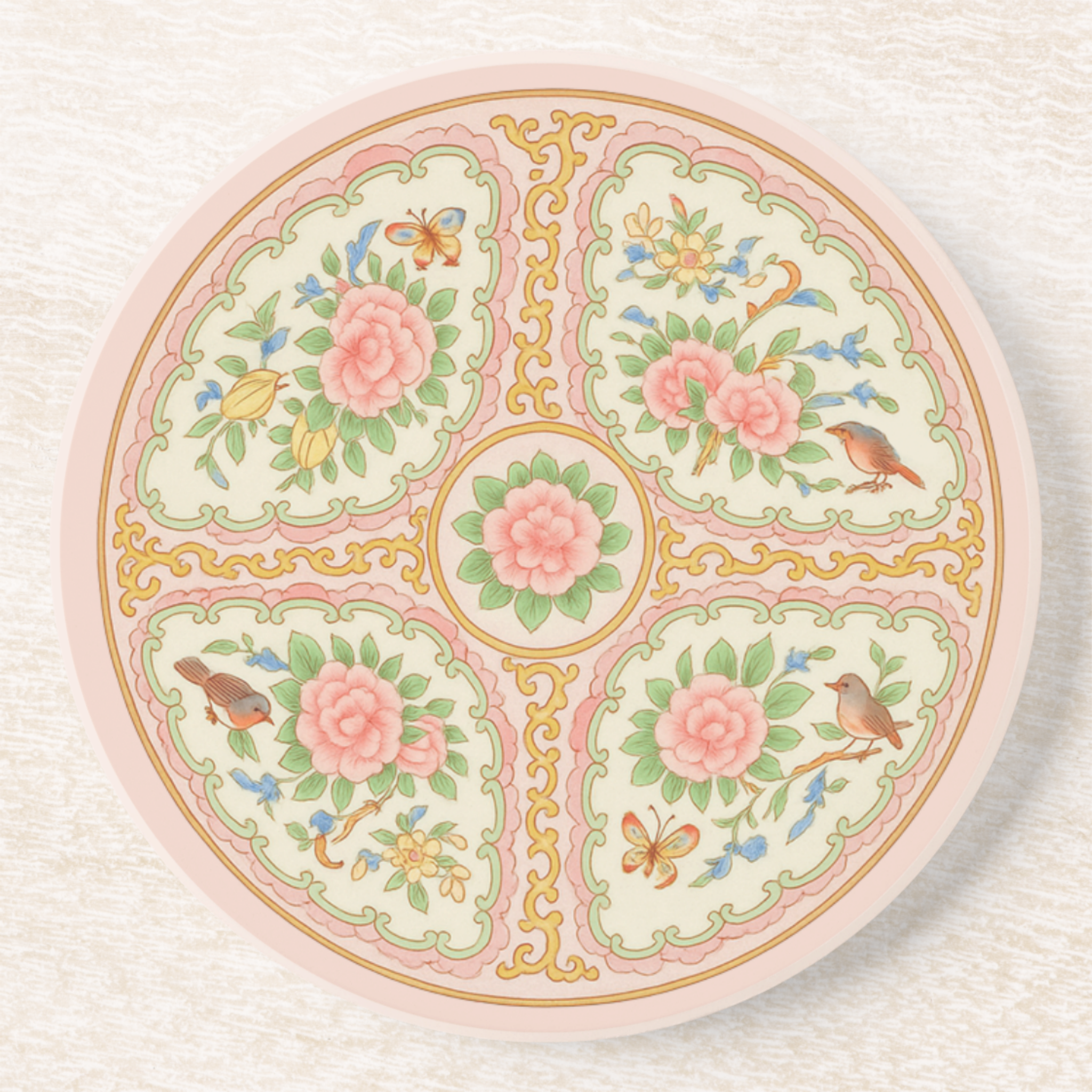 Pink Antique Rose Floral Sandstone Coaster Set of 2