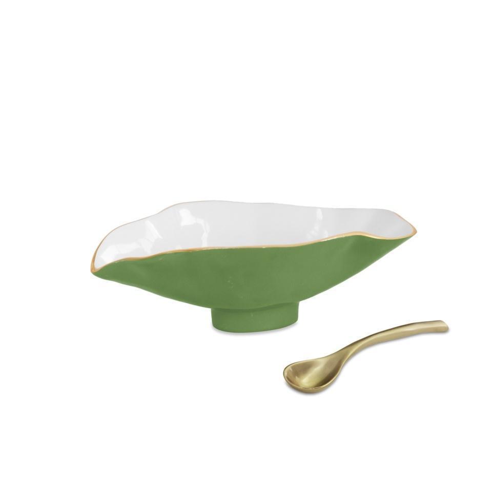 ENCANTO Claire Small Oval Bowl with Spoon  (Leaf Green and White)