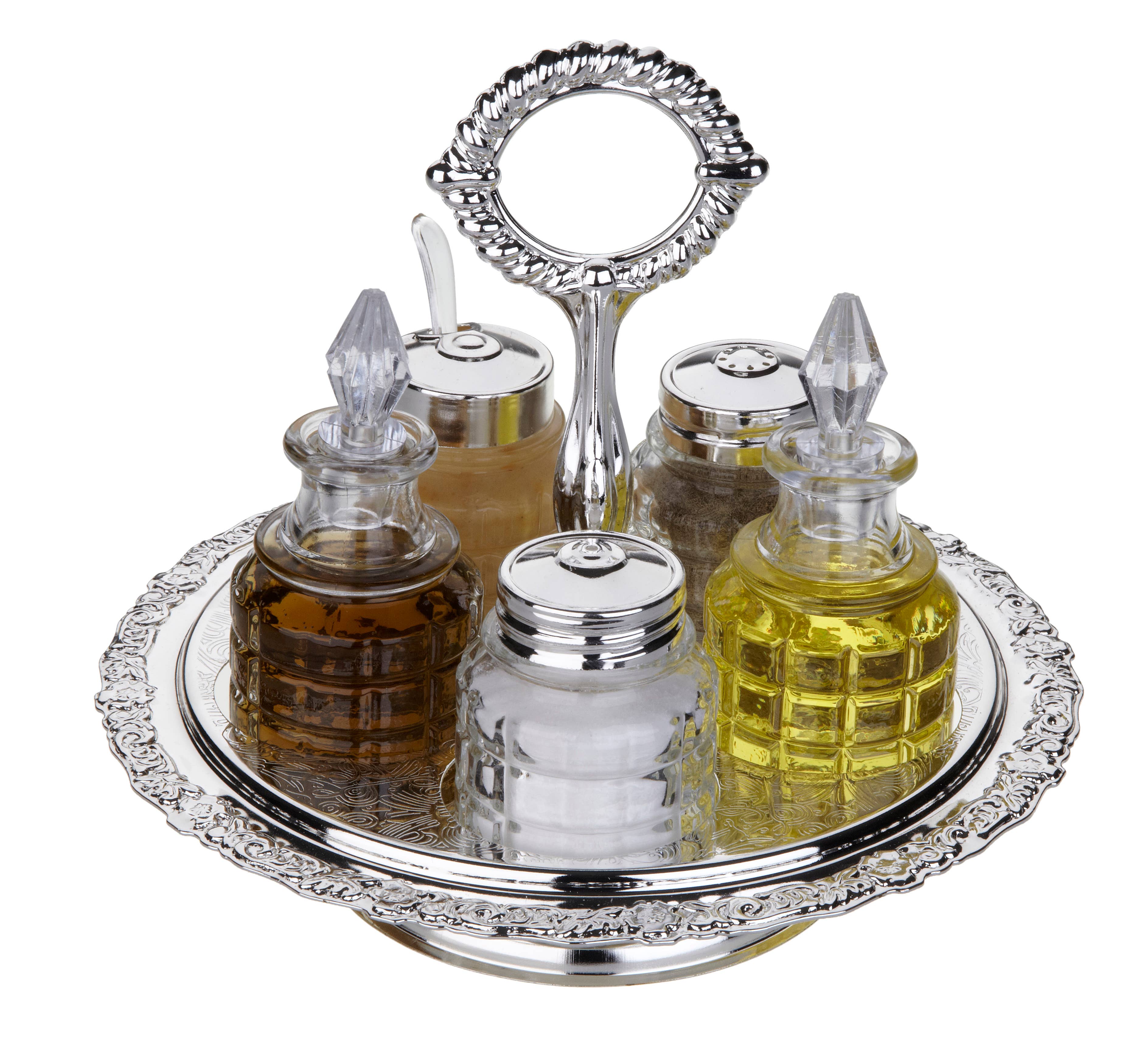 Queen Anne 5 Pce Revolving Cruet Set. 7 1/4"dia x 6 3/4"h  English Silver Plate (Tarnish Resistant). SKU #: 0/5956/2.