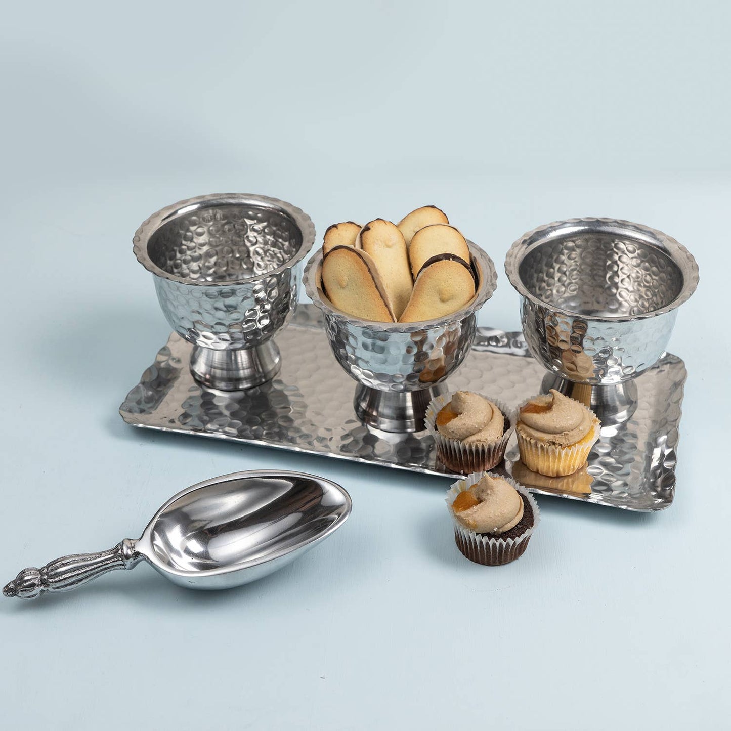 12.5" Stainless Steel Hammered Tray & Bowls - 4-Piece Set