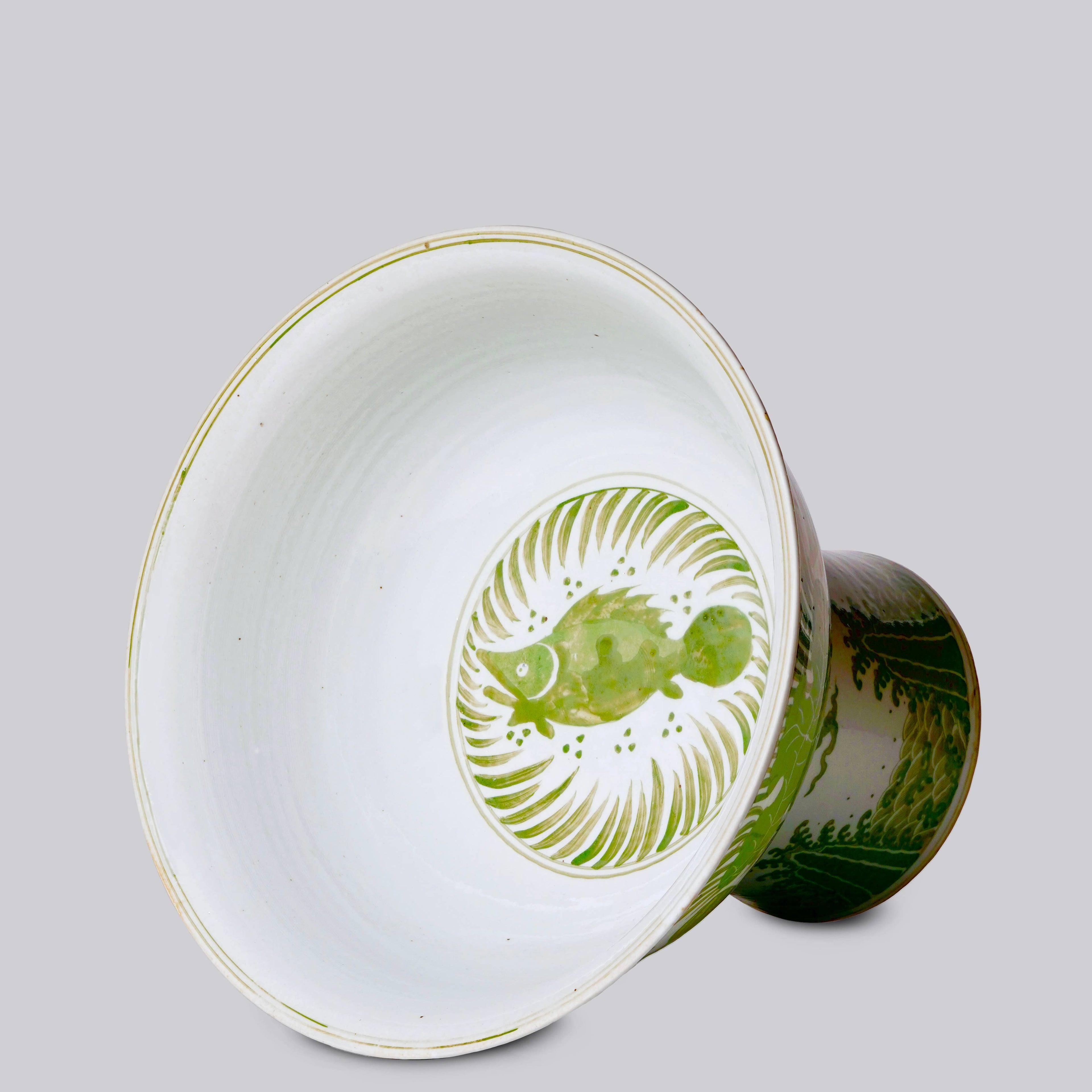 Green and White Porcelain Fish and Lotus Large Footed Bowl