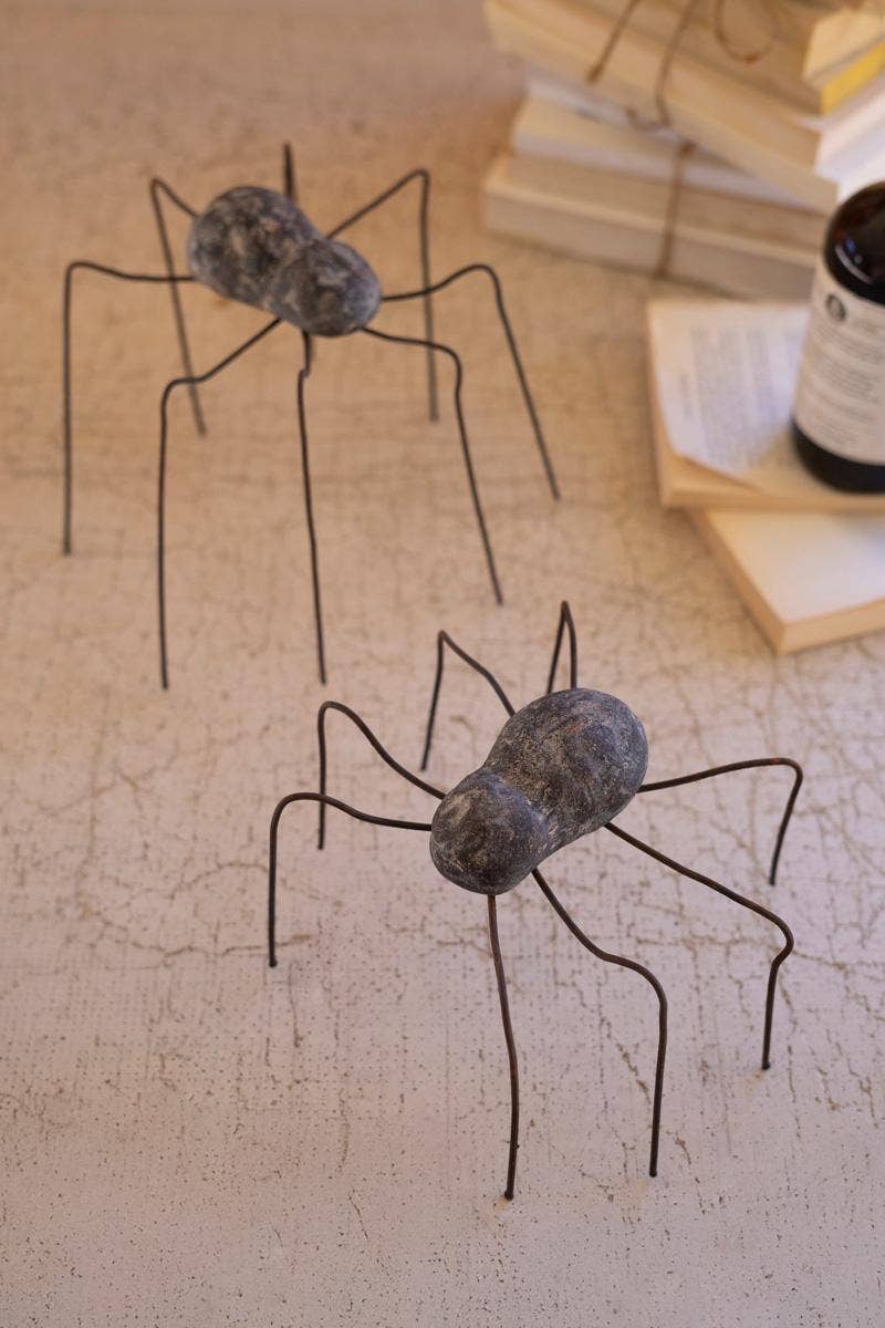 SET OF TWO CLAY AND WIRE SPIDERS