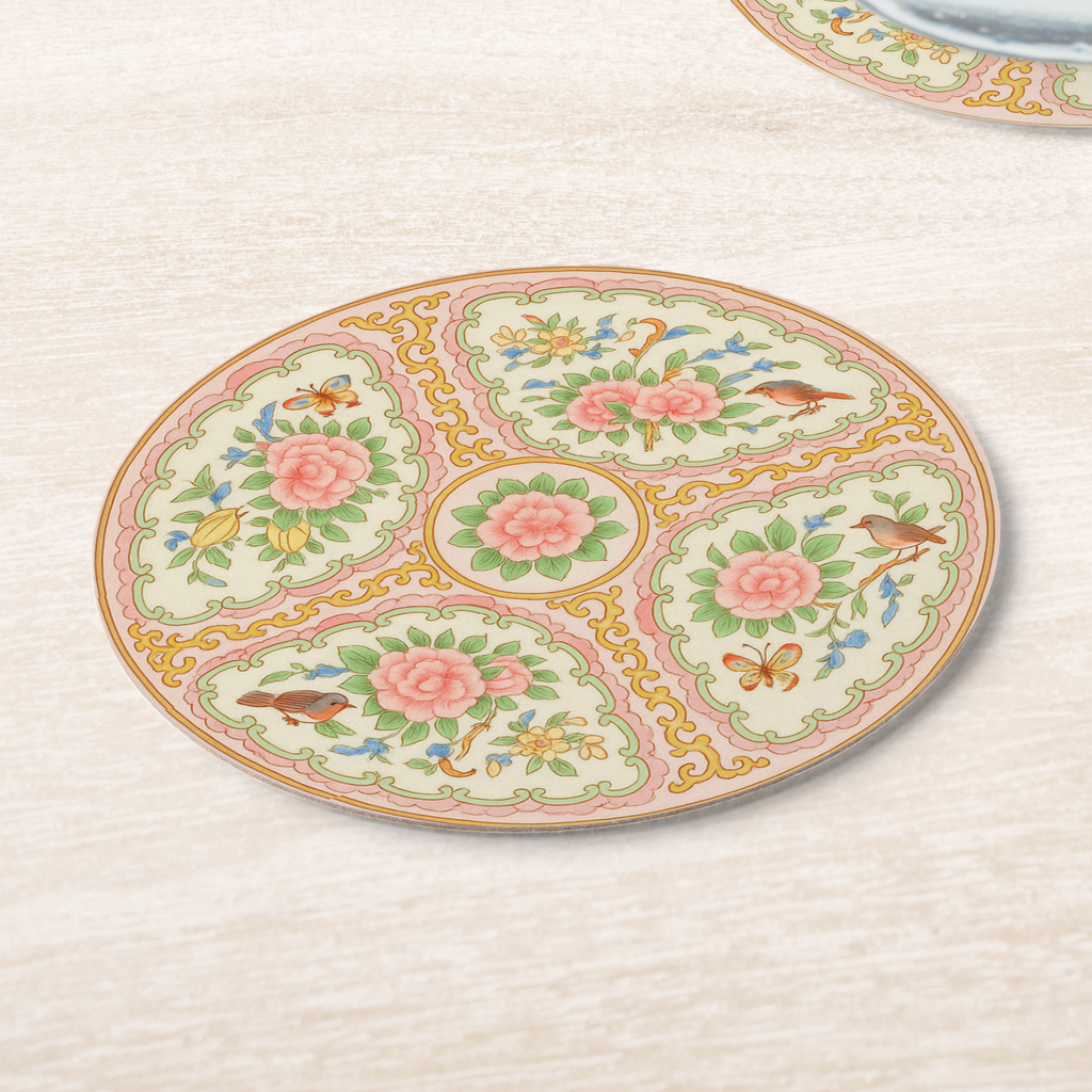 Antique Rose Medallion Pink & Gold Floral Coaster Set