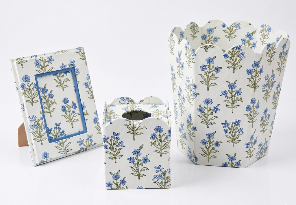 Blue & White Handprinted Tissue Box - Sanganer Blooms