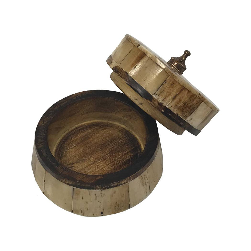 2-1/2" Antiqued Primitive Round Bone & Wooden Trinket Box