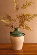 LARGE GREEN AND TERRACOTTA CLAY URN WITH TWO