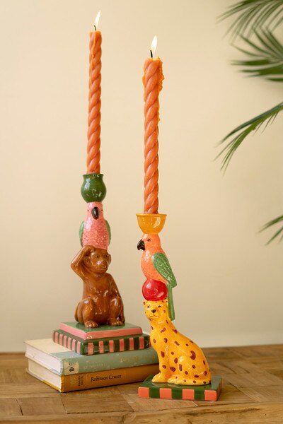 SET OF TWO CERAMIC CHEETAH AND MONKEY TAPER