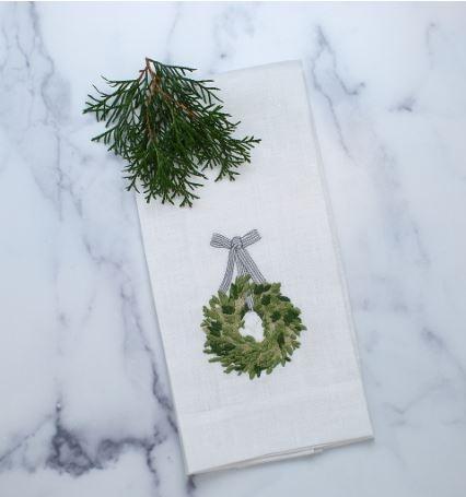 Boxwood Wreath Linen Towel, White