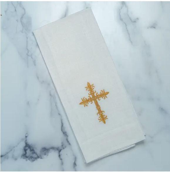 Cross Linen Towel, White (Gold)