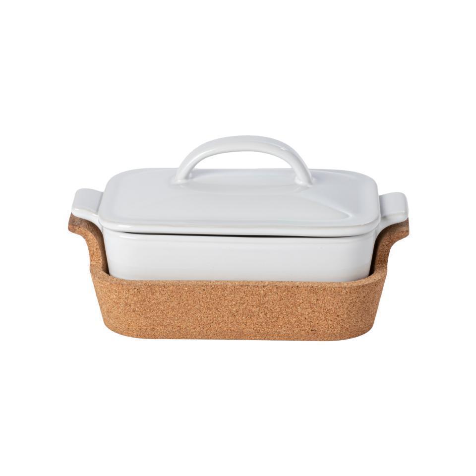 Gift Rect. Cov. Casserole w/ Cork Tray 10", White
