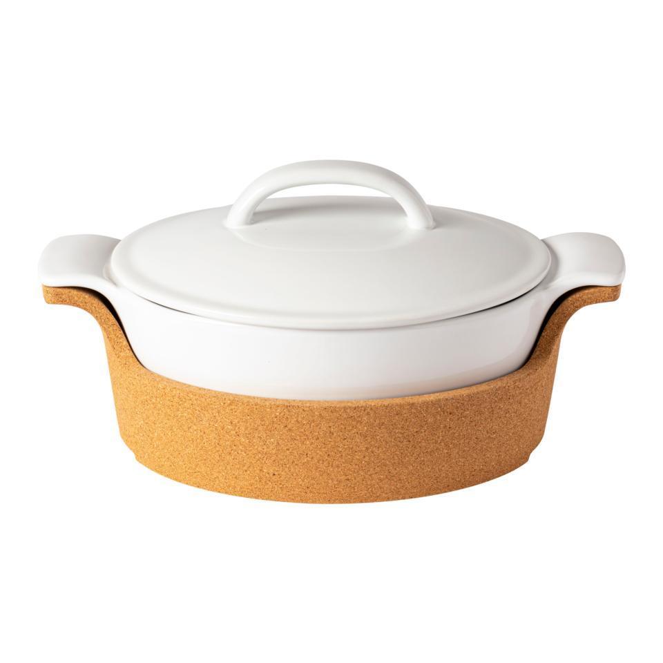 Gift Oval Cov. Casserole w/ Cork Tray 12", White