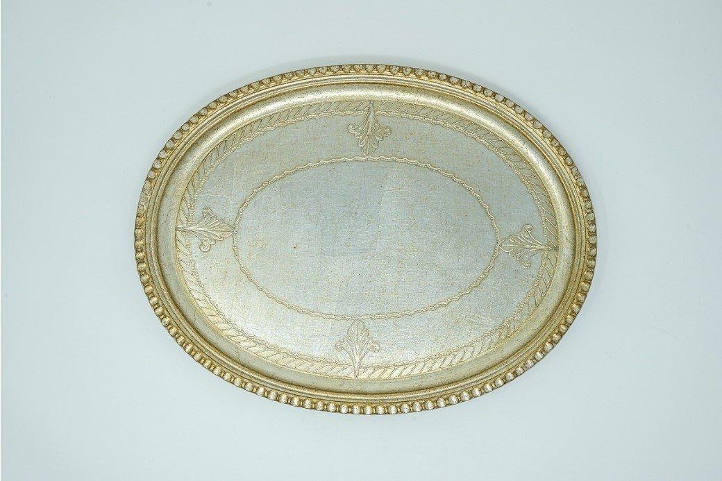 Oval Wooden Tray, Antique Silver