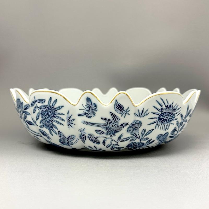 Sacred Bird &amp; Butterfly Blue Scalloped Bowl