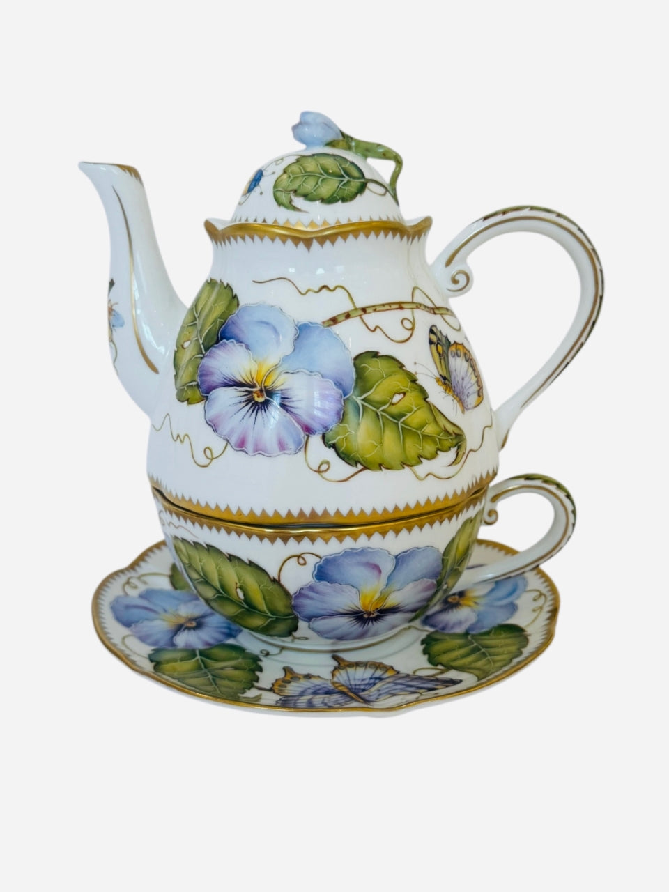 Teapot, Tea Cup, Tea Saucer Blue Pansy
