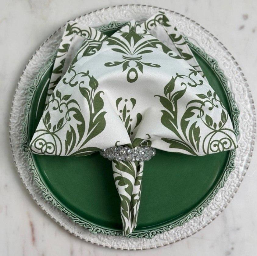 Italian Cotton, Damask, White with Green
