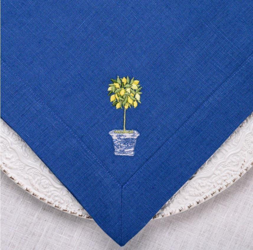 Lemon Topiary Large Linen Napkin, Royal Blue