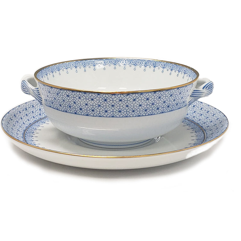 Cornflower Blue Lace Cream Soup &amp; Saucer