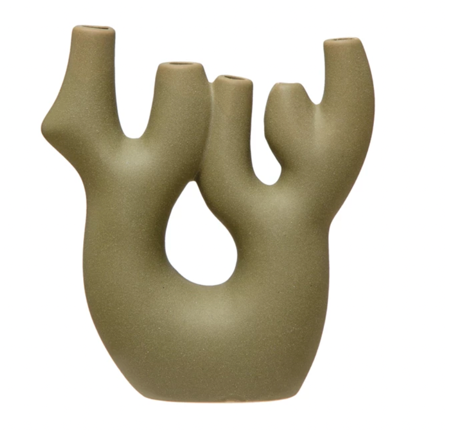 Stoneware Coral Shaped Vase w/ 5 Openings, Matte Sage Color