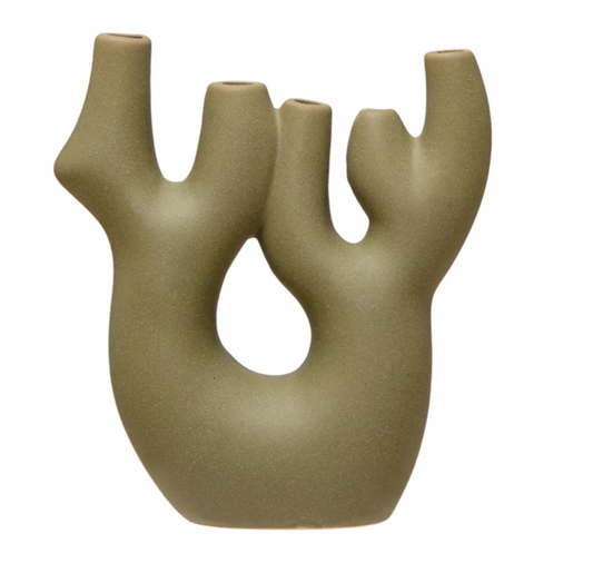 Stoneware Coral Shaped Vase w/ 5 Openings, Matte Sage Color