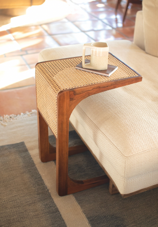 Wood Side Table with Woven Cane Detail