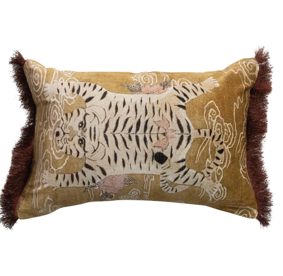 Cotton Velvet Printed Lumbar Pillow w/Tibetan Tigers and Fringe