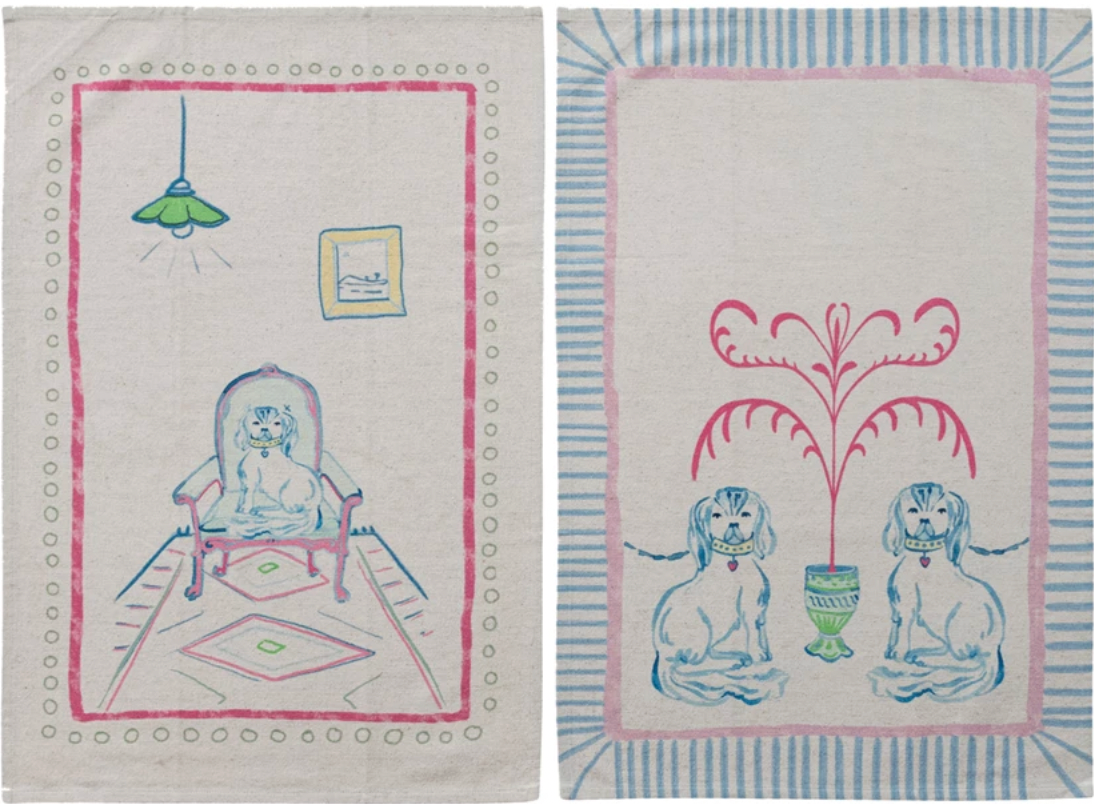 Cotton & Linen Tea Towel with Staffordshire Dog Scene