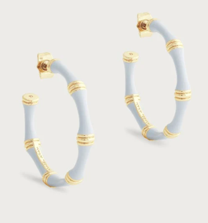 Bamboo enameled Hoop Earrings, Pale Blue