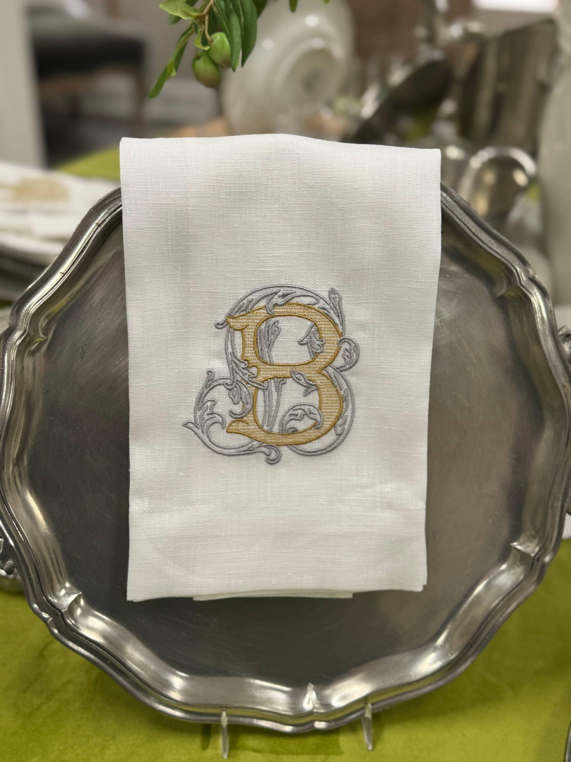 Towel, Vintage Vine Monogram B, White (Gold/Platinum)