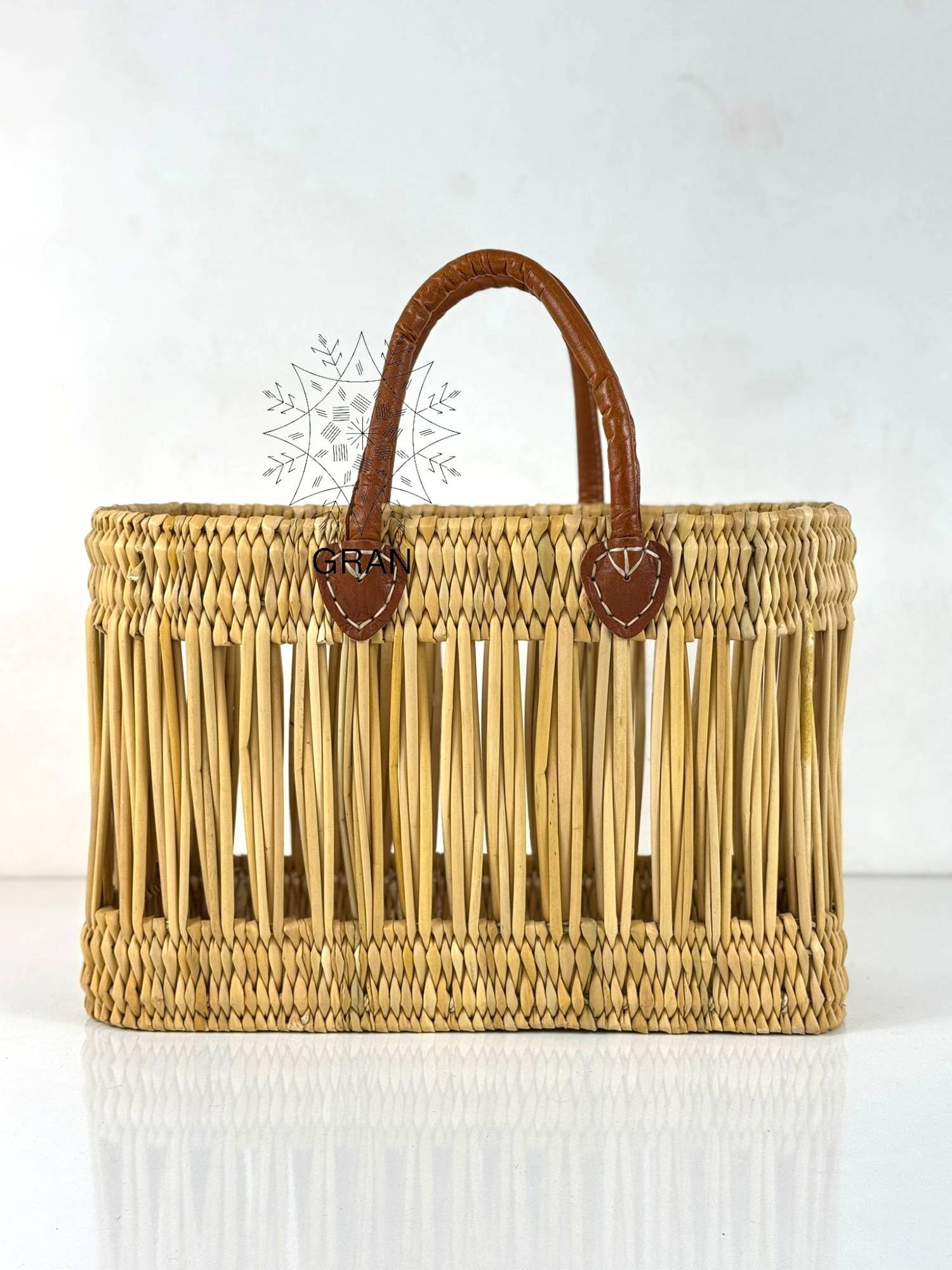 Handwoven Open Reed Basket with Leather Handles