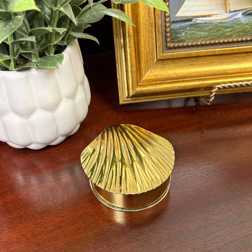 Antiqued Brass Sea Shell Decorative Trinket Box, 2-3/4"