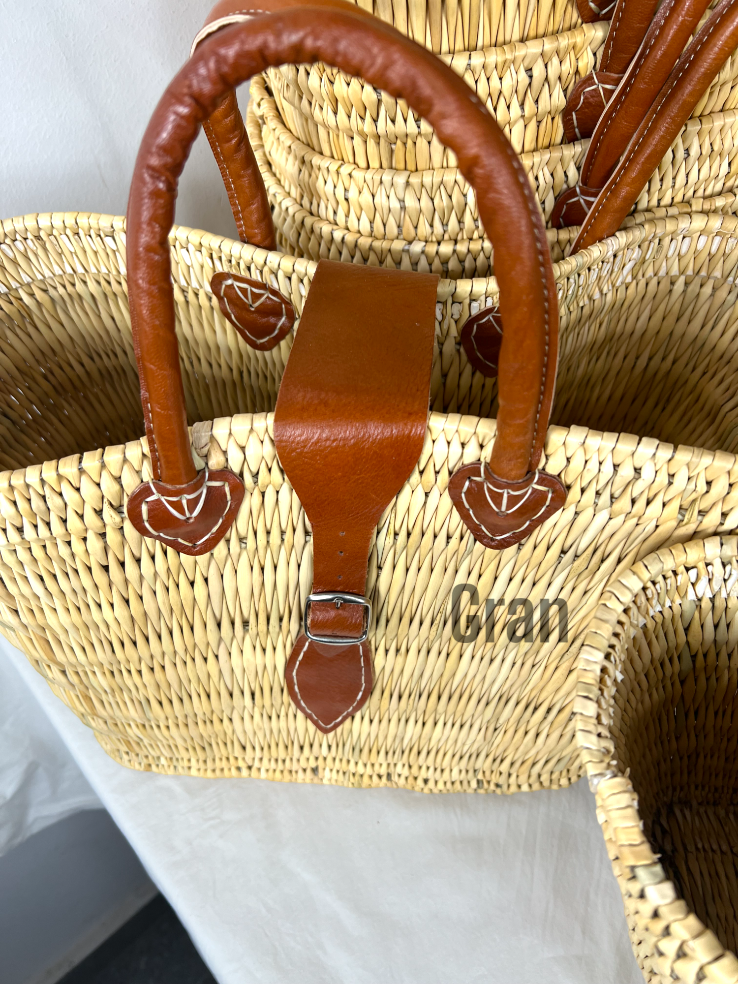 Natural Reed Baskets with leather, Set of 3