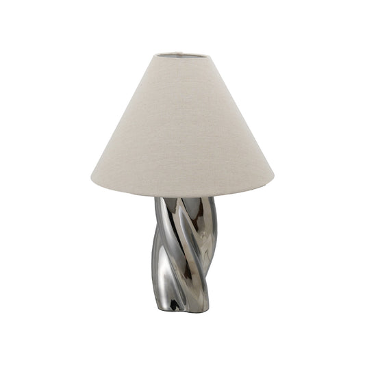Stoneware Twisted Table Lamp w/ Linen Shade & Inline Switch, Chrome Finish