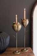 SET OF TWO ANTIQUE BRASS TULIP TAPER CANDLE HOLDERS