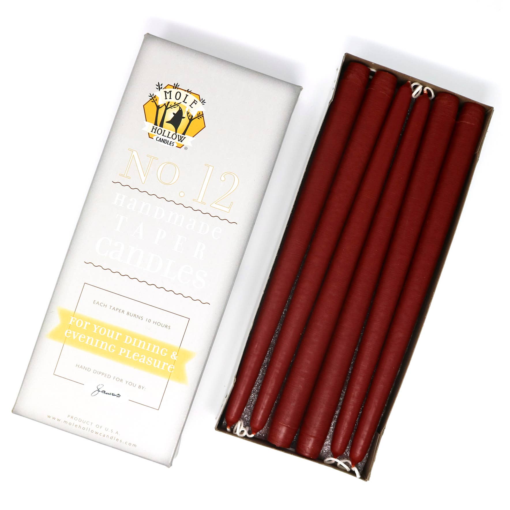12" Hand Dipped Unscented Taper Candles - 39 Colors USA Made