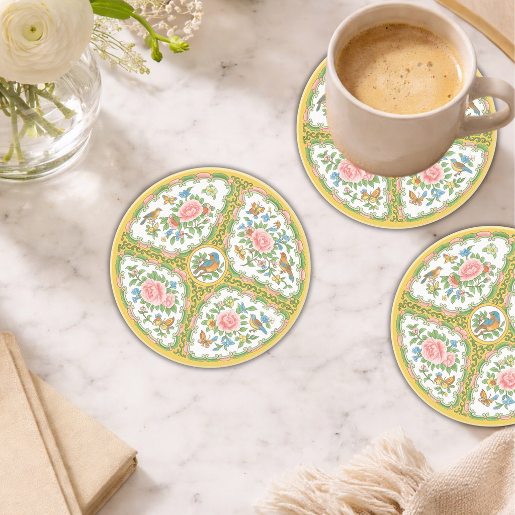 Antique Rose Birds & Floral Sandstone Coaster Set of 2