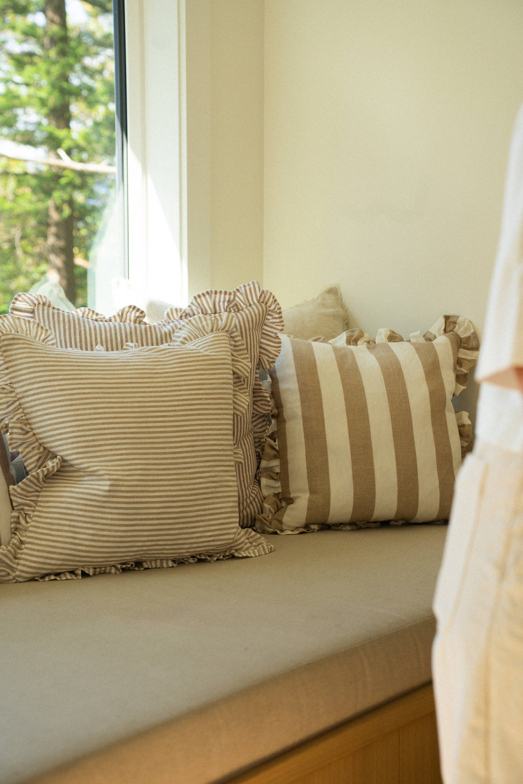 20x20 Ruffle Thin Stripe Pillow, Fawn