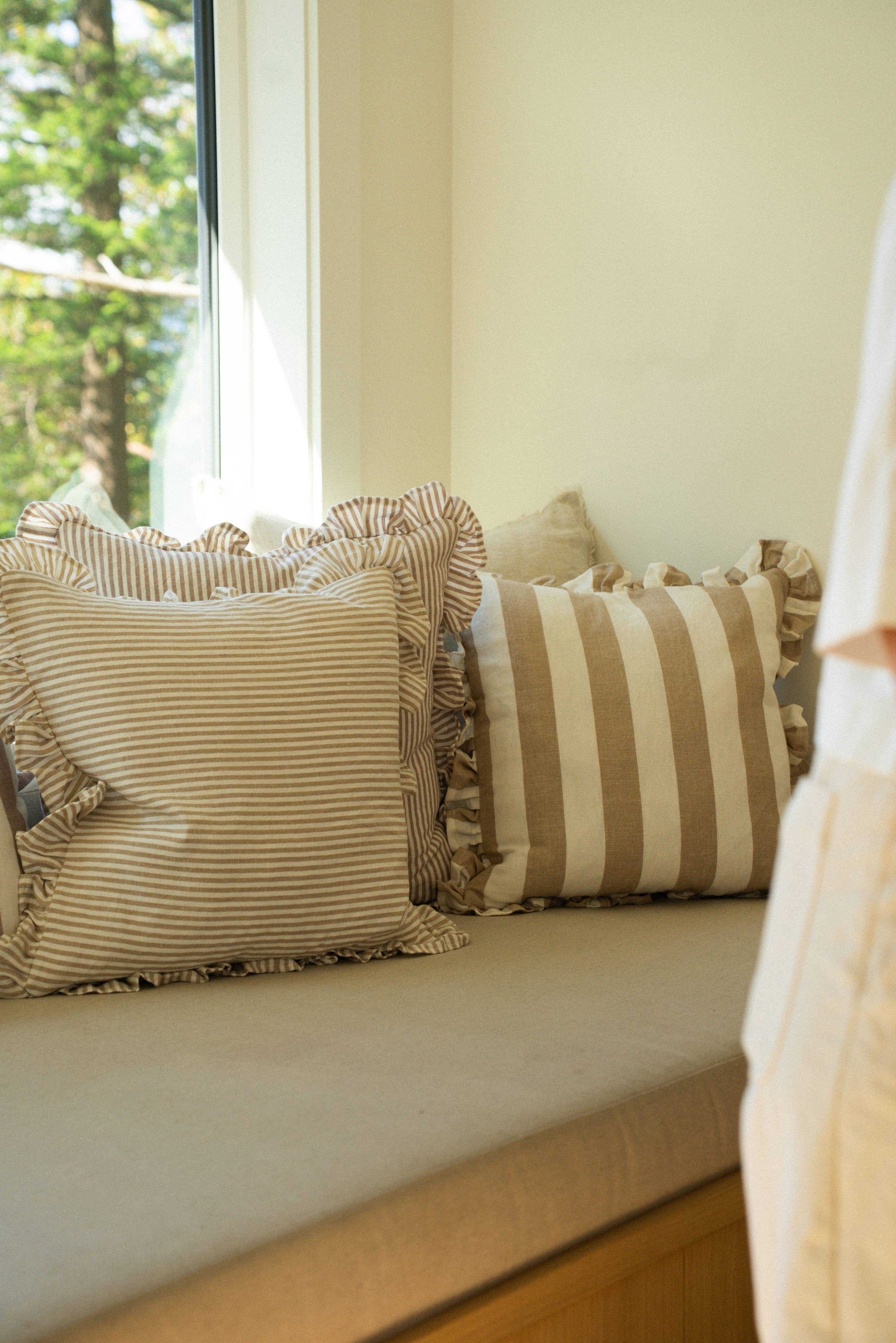 20x20 Ruffle Thin Stripe Pillow, Fawn