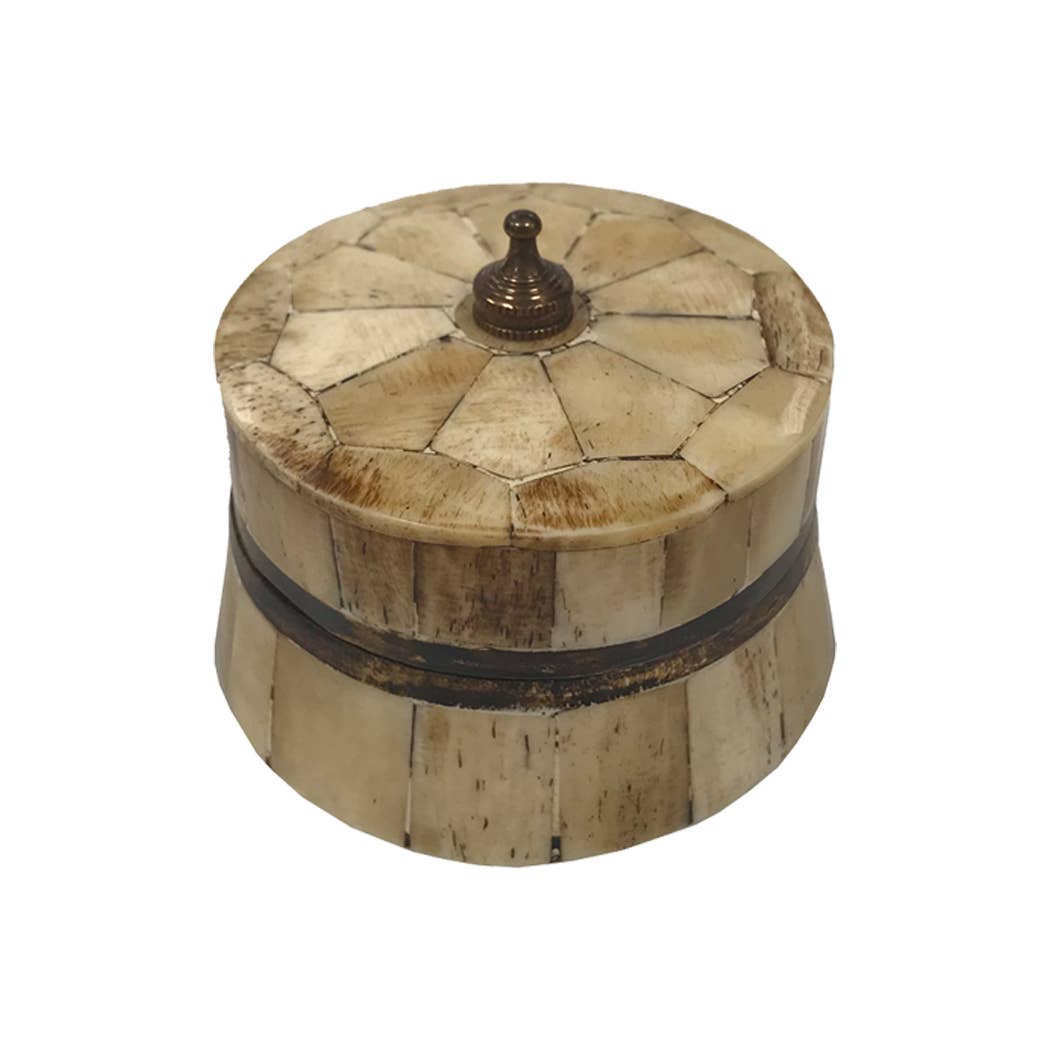 2-1/2" Antiqued Primitive Round Bone & Wooden Trinket Box