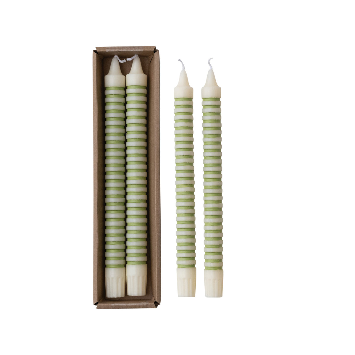 Unscented Striped Taper Candles in Box, Green, Set of 2 (Est. Burn Time 6 Hours)