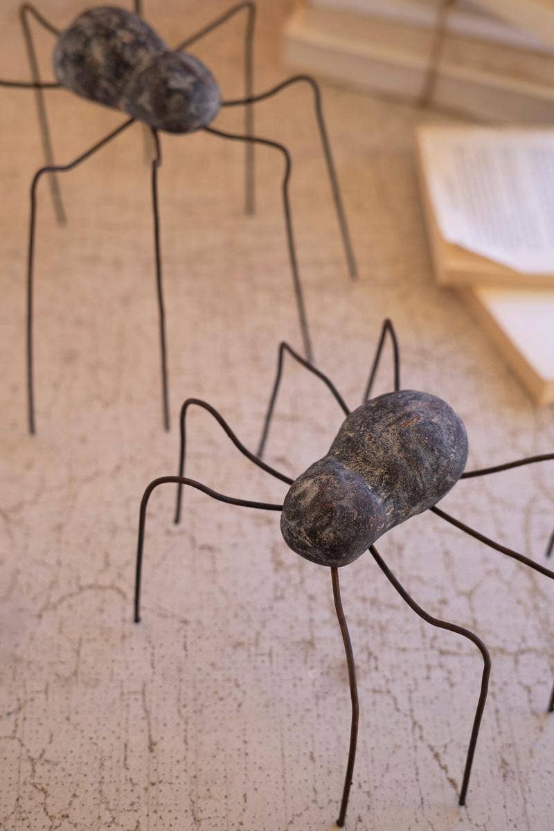 SET OF TWO CLAY AND WIRE SPIDERS