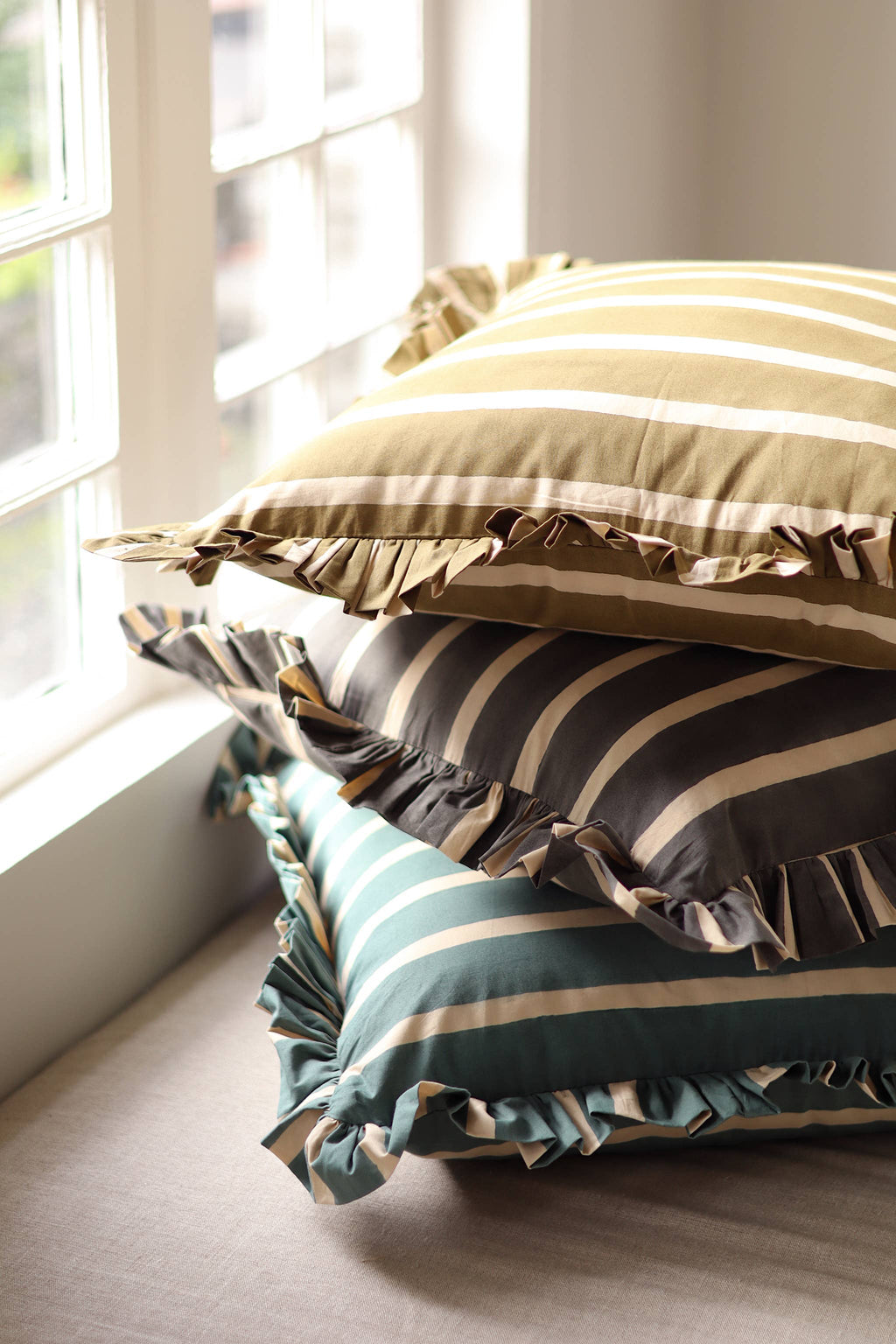 20x20 Block Print Stripe Ruffle Pillow, Olive