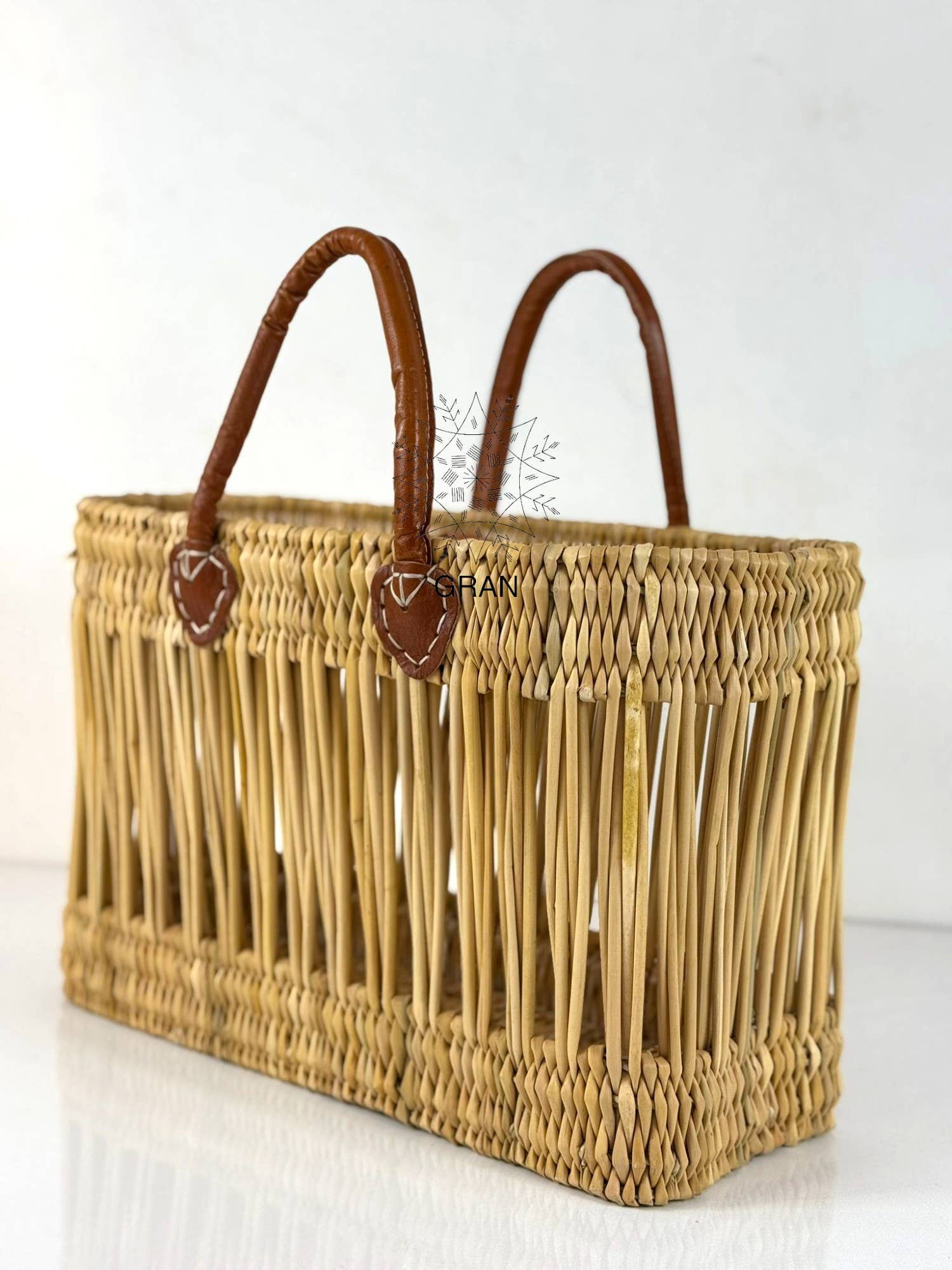Handwoven Open Reed Basket with Leather Handles