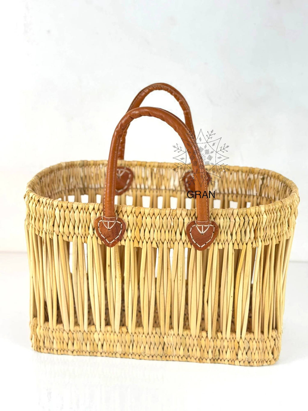 Handwoven Open Reed Basket with Leather Handles