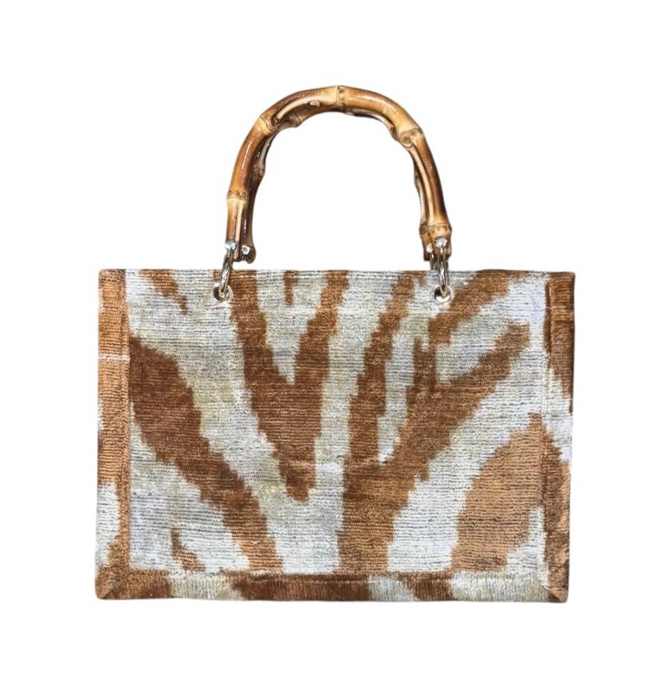 Silk Velvet Ikat Small Tote Bag with Bamboo Handle
